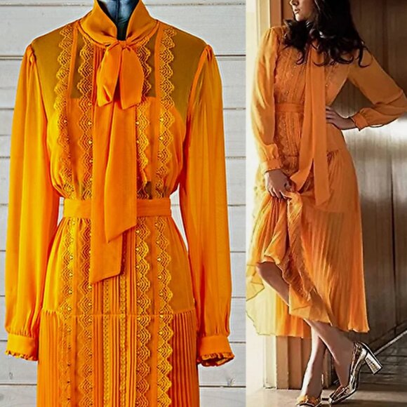 Self-Portrait Orange Lace Midi Dress Pleated Skirt Neck Tie New With Tags - Picture 1 of 16